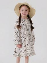 Young Girl's Sweet & Amusing Polka Dot Dress With Bow & Lace Neckline, Long Sleeve, Spring